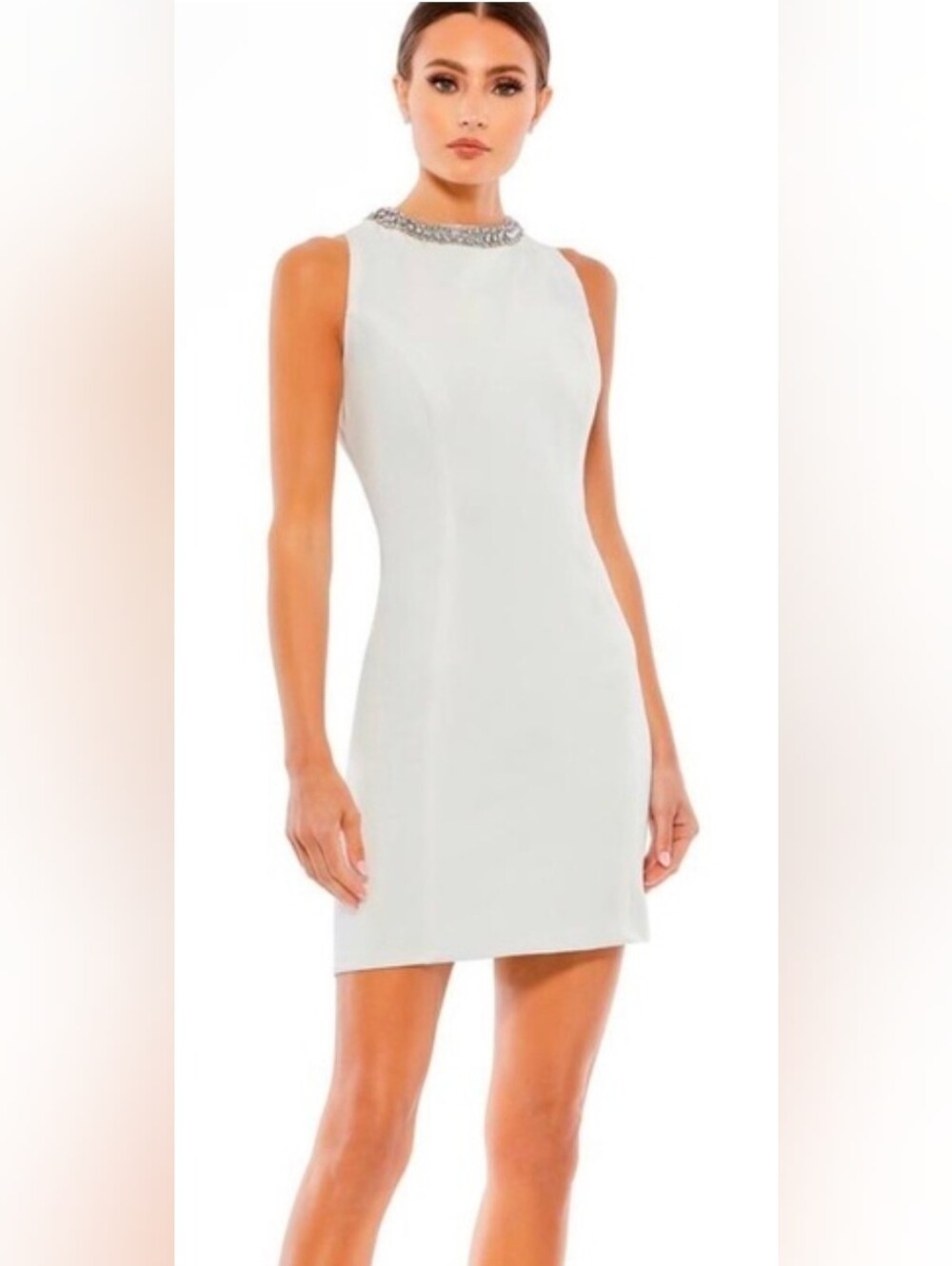 Mac Duggal NWT White Sleeveless Jeweled Neckline Mini Dress Size 0 #49280
